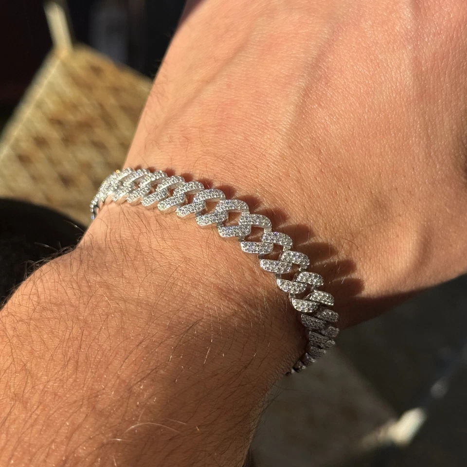 925 Sterling Silver Ice Out Moissanite Cuban White Gemstone Men Bracelet - Image 4 of 4