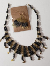 Egyptian Collar Necklace and Earrings Set, Black, Costume, NOS
