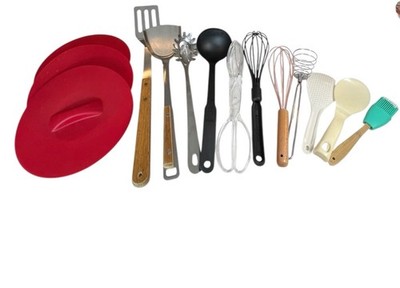 Set 15 Piece Kitchen Utensils Silicone Wood Metal Whisks Ladle Tongs Spatula Set