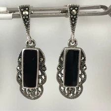 925 Sterling Silver Black Onyx Marcasite Art Deco Dangle Statement Earrings