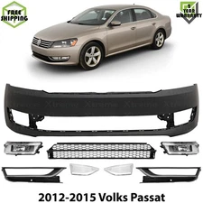 Front Bumper Cover Primed Plastic & Fog Lights Kit For 2012-2015 Volks Passat