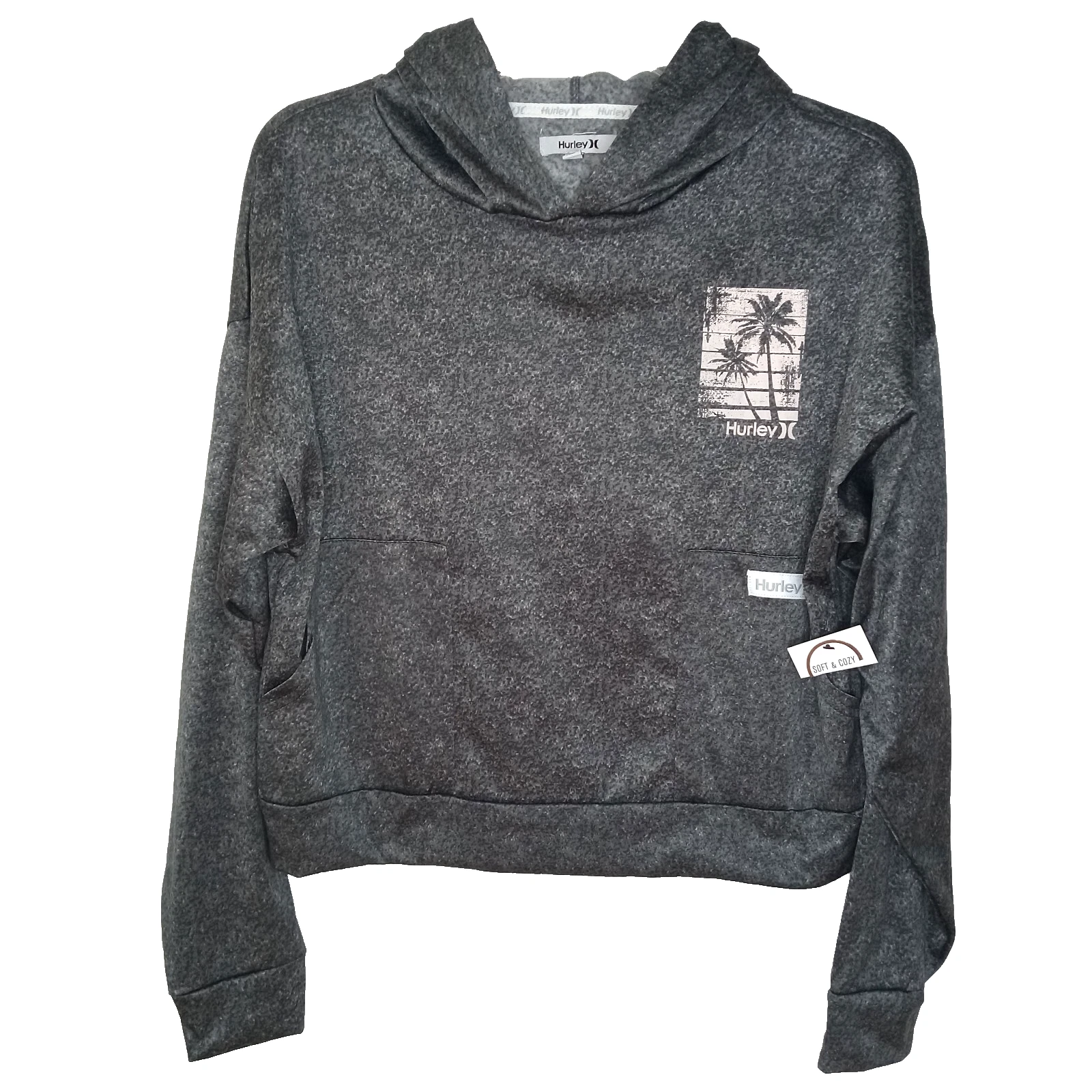 Hurley Cropped Hoodie Womens M Gray Palm Logo Soft Stretch Pullover Activewear