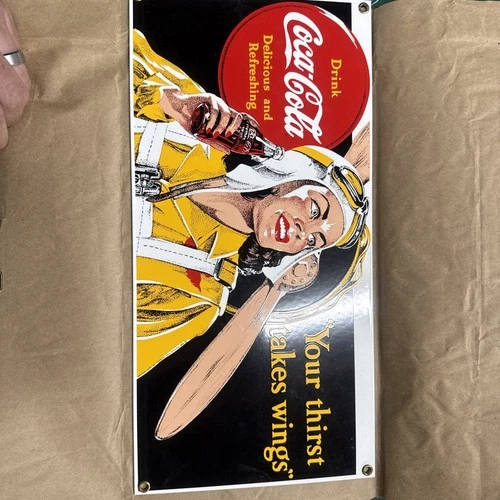 VTG 1994 ANDE ROONEY COCA COLA PORCELAIN SIGN ~YOUR THIRST TAKES WINGS~14X7"