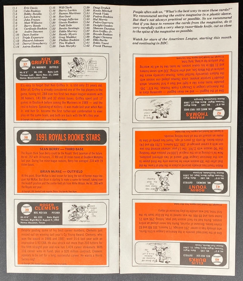 1991 BB Cards Magazine Uncut Insert Ken Griffey Clemens Yount Burks Thomas RARE - Image 2 of 2