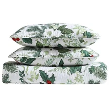 Lightweight Full/Queen Holiday Quilt Set Green Bouquet Design Holly Berry