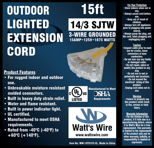 15' Lighted 14/3 Heavy Duty 3 Outlet SJTW Extension Cord - 14 3 15ft Indoor/Out - Picture 9 of 9