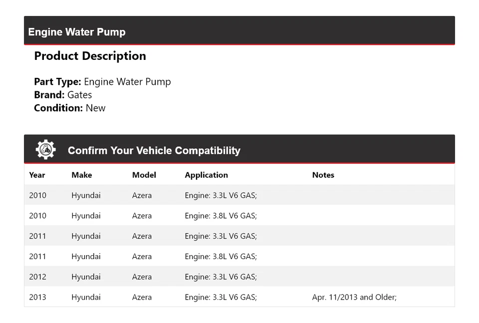 Puertas de bomba de agua para motor Hyundai Azera 2010-2013 2011 2012 Foto 2 de 4