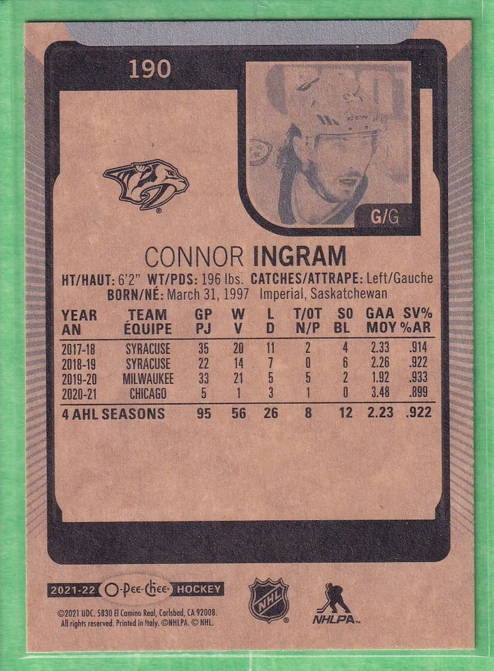 2021-22 O-Pee-Chee #190 Connor Ingram (Matt Duchene Pictured)Nashville Predators - Image 2 of 2