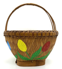 Vintage American MCM HAND WOVEN and HAND Painted WICKER ROUND Easter BASKET