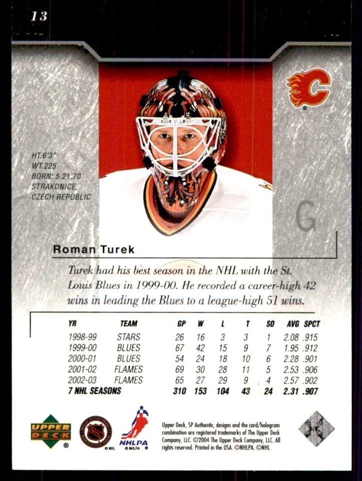 2003-04 SP Authentic Roman Turek Calgary Flames #13 - Image 2 of 2
