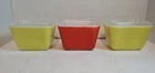 VINTAGE PYREX REFRIGERATOR DISHES 501 B 1 1/2 CUP 1 RED  2 YELLOW All WITH LIDS