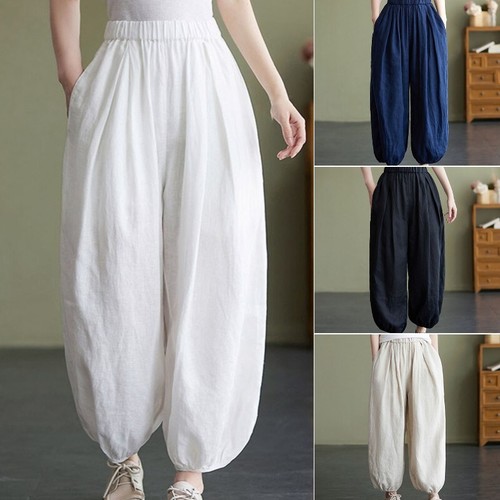 Pantalones Bloomer Informales Mezcla de Lino Pantalones Bolsillo Cintura Elástica Pierna Recta - Imagen 2 de 17