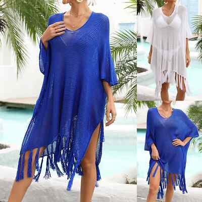 Hollow Out Beach Cover Up Women White Tassel Beach Dress Long Sleeve  Swimsuit | eBay UK