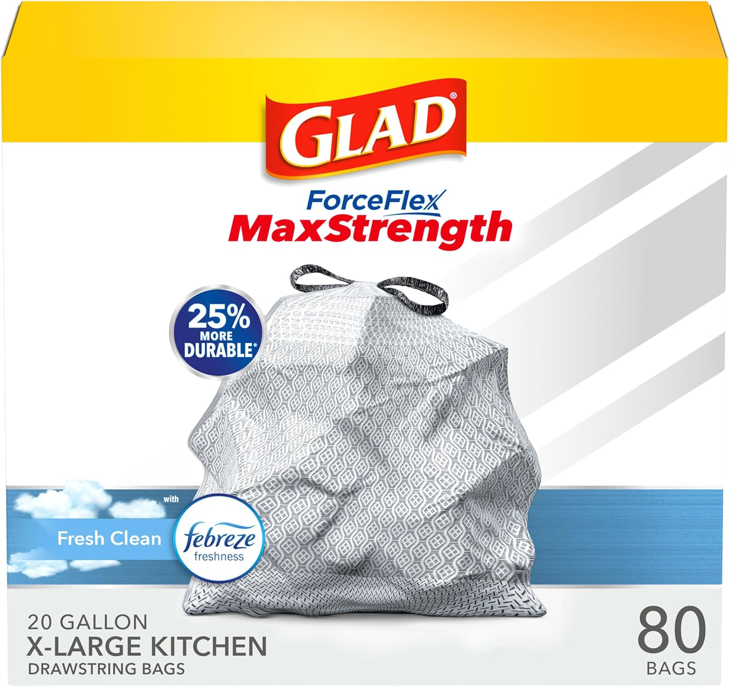 Glad Forceflex Maxstrength XL Kitchen Trash Bags, 20 Gal, Fresh Clean, 80 Ct (Pa