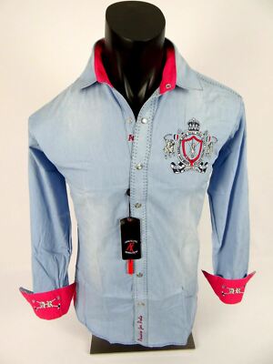 Mens Absolute Rebellion Shirt Denim Blue Embroidered Snap Front Acapulco
