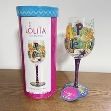 Lolita Happy Retirement Love My Wine  Wine Glass Gift Box Hand Painted 15 oz