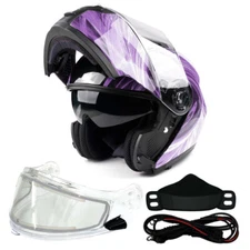 Purple Adult Modular Flip Up Snowmobile Helmet w/ Dual Lens Heated Shield DOT