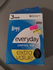 Leggs Everyday 3-Pair Control Top Off Black Sheer Toe Pantyhose Size Q-LARGE
