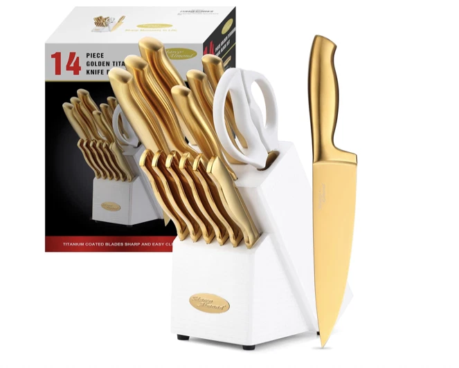 Marco Almond® Gold Knife Block Set MA21, Titanium Coated 14 Pieces