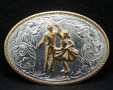 WK23117 NOS VINTAGE 1970s COUPLE SQUARE DANCING WESTERN ARTWORK BELT BUCKLE