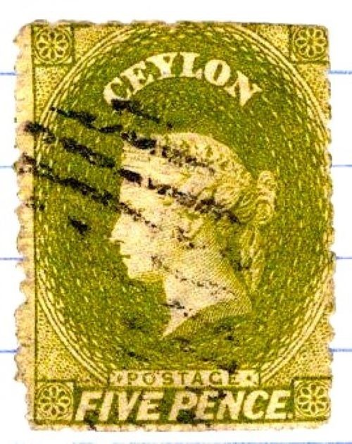Ceylon 1860's Queen Victoria 5 Pence Postage Stamp Yellow Green Sc52 SA 487
