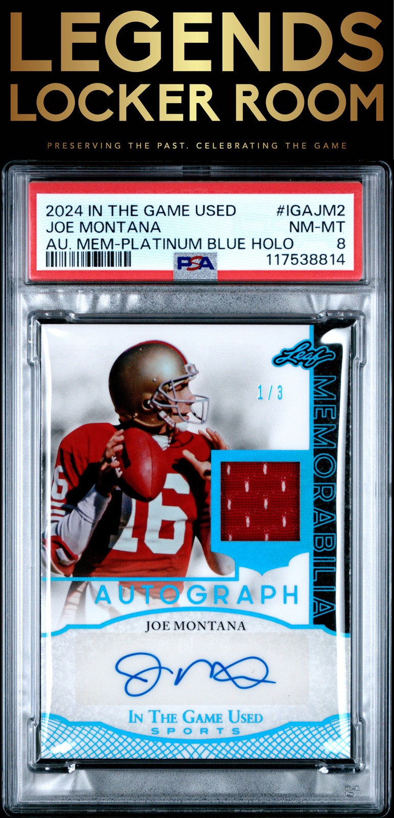 2024 Leaf In The Game Used Autograph Memorabilia Joe Montana 1/3 PSA 8