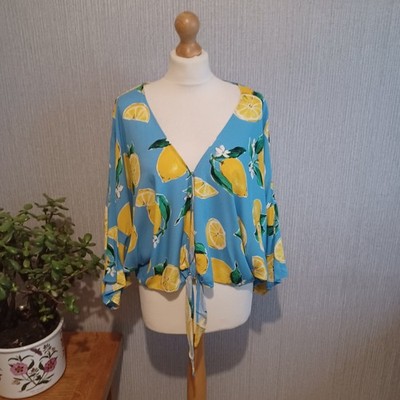 Cropped-Kimono Damen blau gelb Zitronenmuster vorne zum Binden UK 10 Überwurf