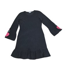 Allison Brittney Black Embroidered Rose Bell Sleeve Ruffle Sweater Dress Women L