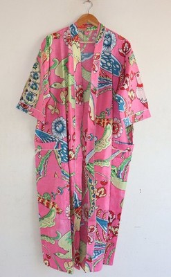 Indian Floral print 100% cotton Orange gown Beach Robe ethnic Maxi Kimono Dress