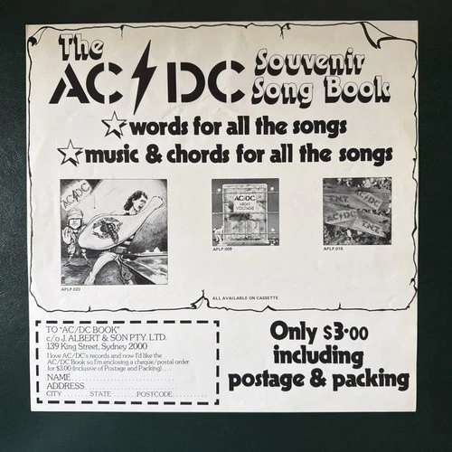 The AC/DC Souvenir Song Book 1976 Promo Flyer Insert From The Dirty Deeds LP VG+ - product listing photo