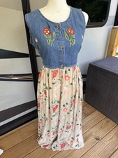 Vintage 90s Jean Dress Prairie Peasant Maxi Denim Embroidered Floral Jumper Lg