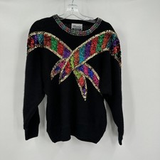 Womens Vintage Sequin Sweater L Black Silk Angora Blend Glam Holiday 80s Party