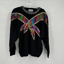 Womens Vintage Sequin Sweater L Black Silk Angora Blend Glam Holiday 80s Party