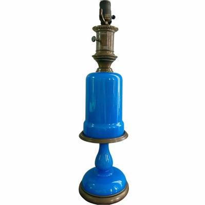 #ad Vintage Paul Hanson Large Blue Opaline Glass amp; Brass Table Lamp 21quot; $230.21