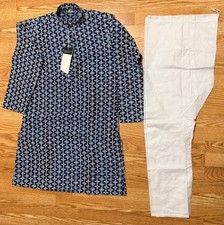 NWT Men's Kurta PAJAMA SET SZ 38 S/M Art silk NAVY WHITE EMBROIDERY India-USA