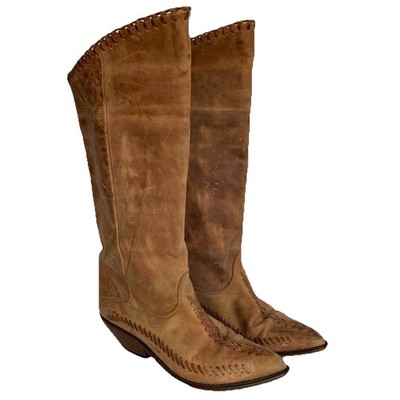 Vtg Zodiac Leather Tall Knee High Riding Cowboy Boots Size 8 Brown Boho Hippie