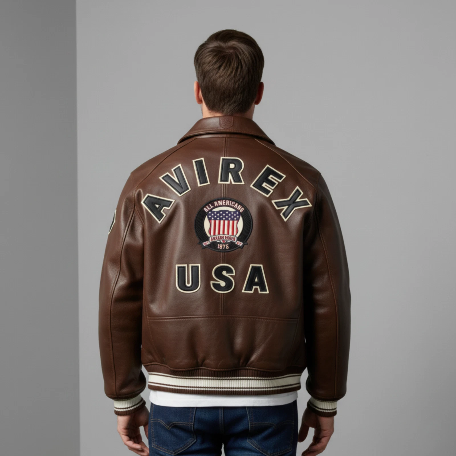 Men Avirex Brown Real Leather Bomber Jacket American Flight Leather Jacket