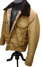 VTG Waxed Cotton Bomber Mens M Tan Wool Lined Fur Collar 70s 80s Farm Ranch