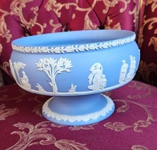 Vintage Wedgwood Jasperware Blue Imperial Sacrifice Footed Pedestal Bowl 8"