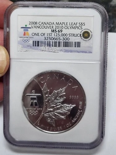 2008 Vancouver Olympics $5 Canada SILVER Maple Leafe NGC MS69