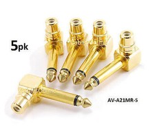 5-PACK RCA Female Jack to 1/4" Mono Male Plug Right Angle Gold Audio Adapter