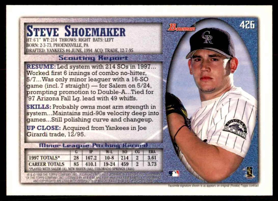 1998 BOWMAN STEVE SHOEMAKER COLORADO ROCKIES #426 - Image 2 of 2