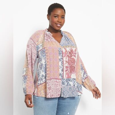 NWT Lane Bryant Ruffle Split Neck Button-Down Shirt in Patchwork size 26/28