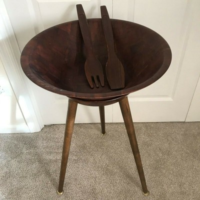 LARGE MID-CENTURY WEAVEWOOD SALAD BOWL 3 LEG FLOOR STAND & SERVING