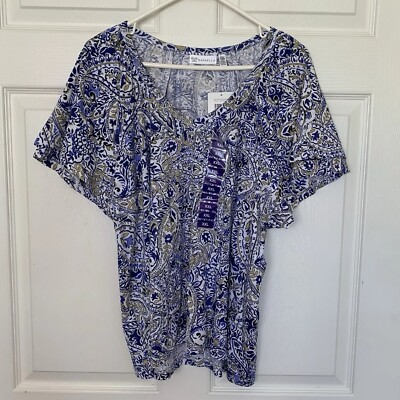Rafaella Women Knit Top 2XL Blue Gold White Paisley Short Sleeve NEW