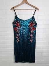 Guess Women’s Medium Mini Dress Sequins Blue With Floral Details