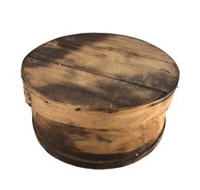 Antique Round Wood Cheese Wheel Box Primitive Lidded Pantry Crate 16 x 7.25"