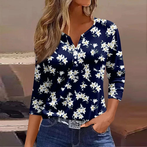 Womens Tops Casual Blouses Tops 3/4 Sleeve V Neck Tunic Top Loose Button T Shirt - Picture 11 of 18