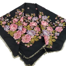 Women's Scarf Black Floral Fringe Large 30/30"