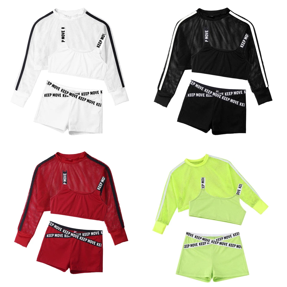 Girls Street Dance Letter Printed Jazz Hip Hop Outfits Kids Mesh Crop Tops Short - Image 3 of 4